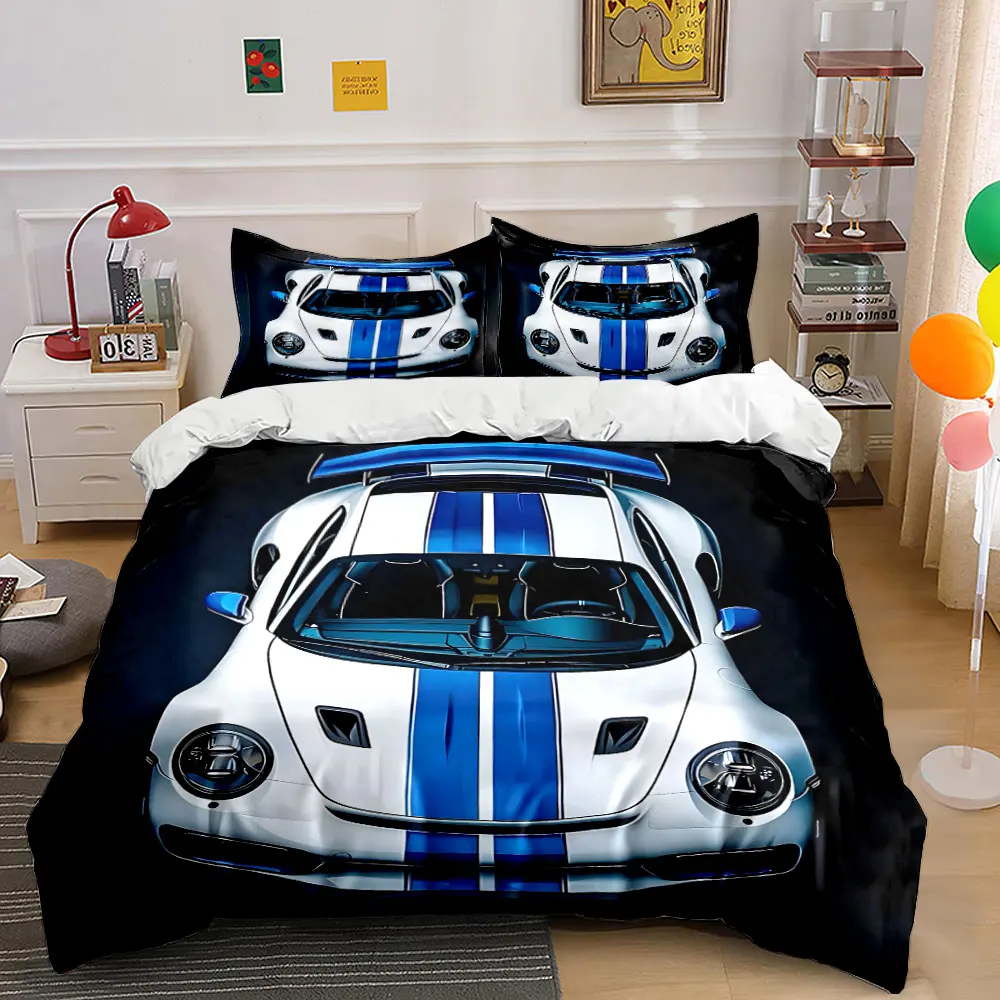 White sports car with blue stripes Duvet Cover Set with 3D Printing Design Soft Polyester Bedding Set All-Season Comfort