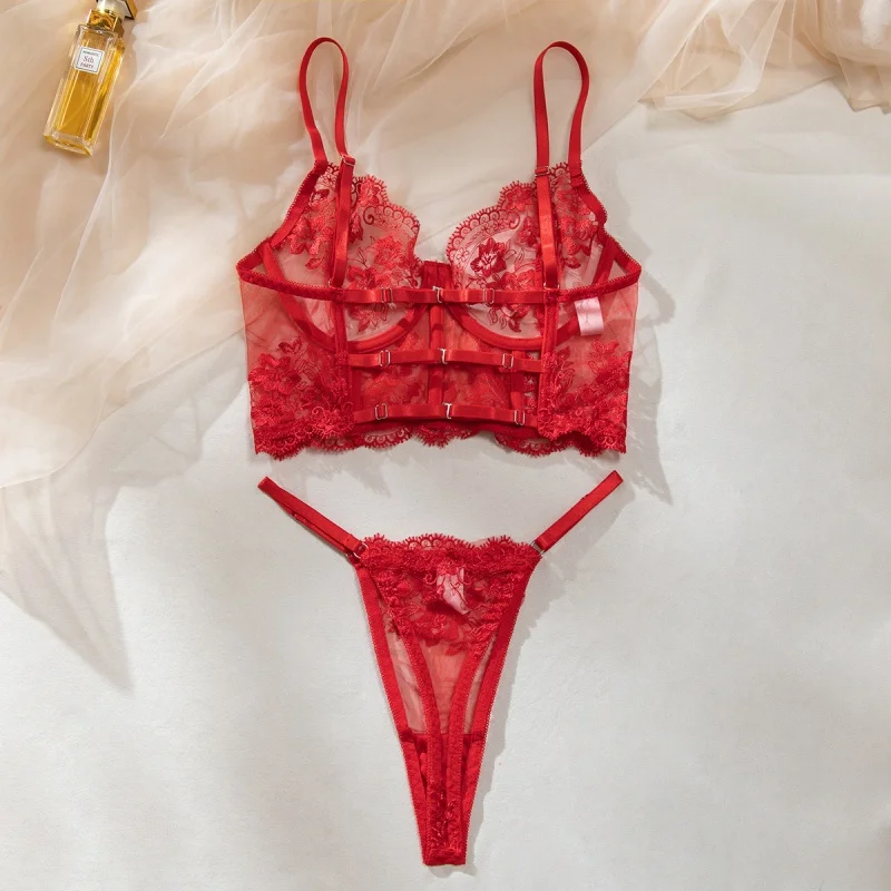 Sexy Lingerie for Women Floral Embroidered Fishbone Bra Set French Ultra Thin Corset Top Intimate 2 pcs Sheer Mesh Lingerie Set