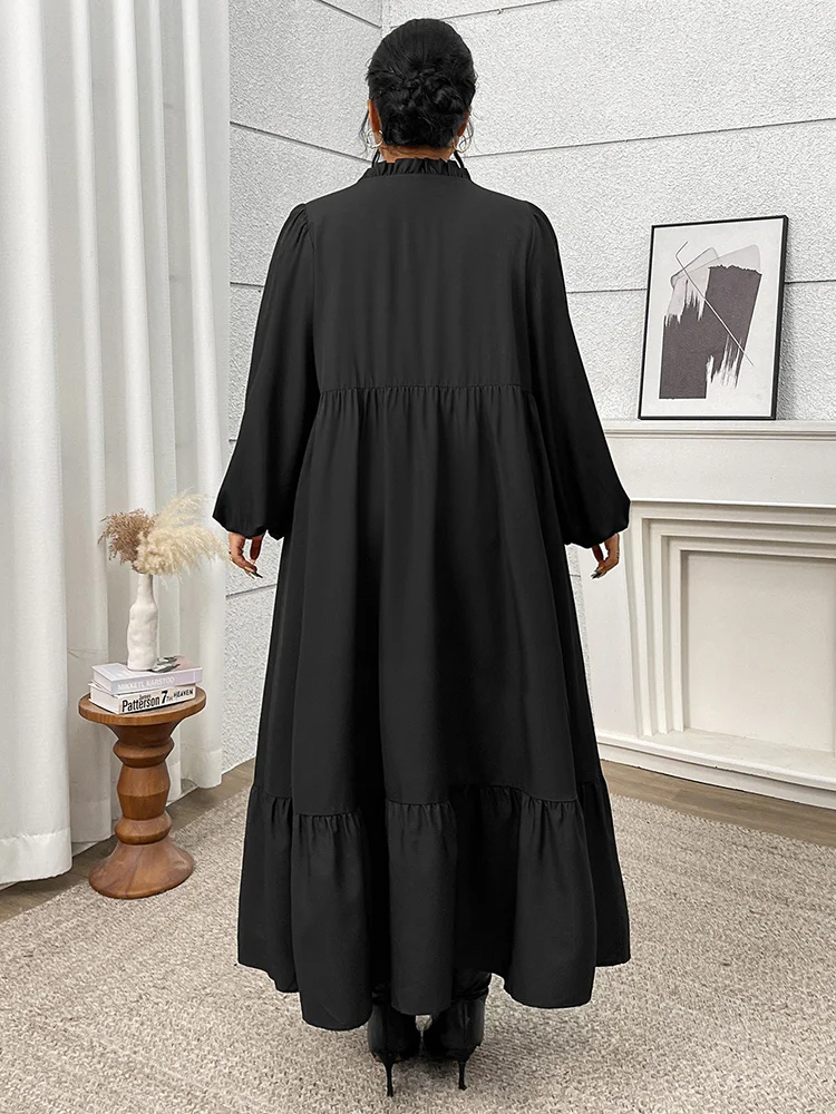 GIBSIE Plus Größe Vintage Stickerei V-ausschnitt Laterne Hülse Rüschen Saum Kleid Frauen 2025, Herbst Schwarz Casual Lose Maxi Langes Kleid