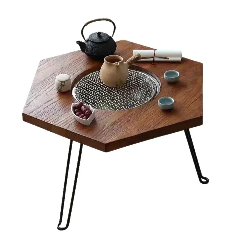 Retro Elm Wood Hexagonal Tea Table with Iron Legs Solid Square Stove Stand for Home Dining Barbecue