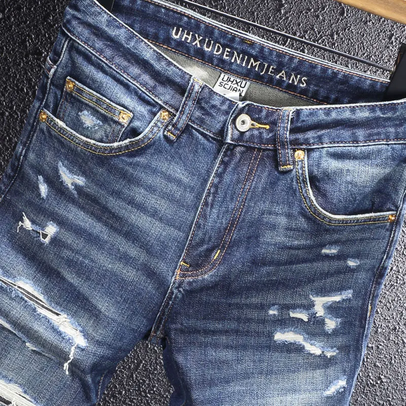 Street Designer Fashion Men Jeans High Quality Retro Blue Stretch Slim Fit Ripped Jeans Patched Vintage Y2K Denim Pants Hombre