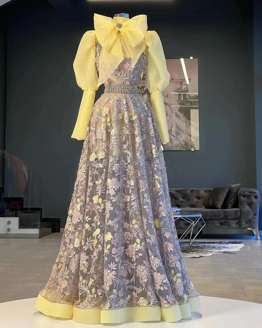 

Yellow Prom Dresses Haute Couture A-line Long Sleeves Lace Saudi Arabia Dubai Robe De Soiree Evening Dress Gown Customized