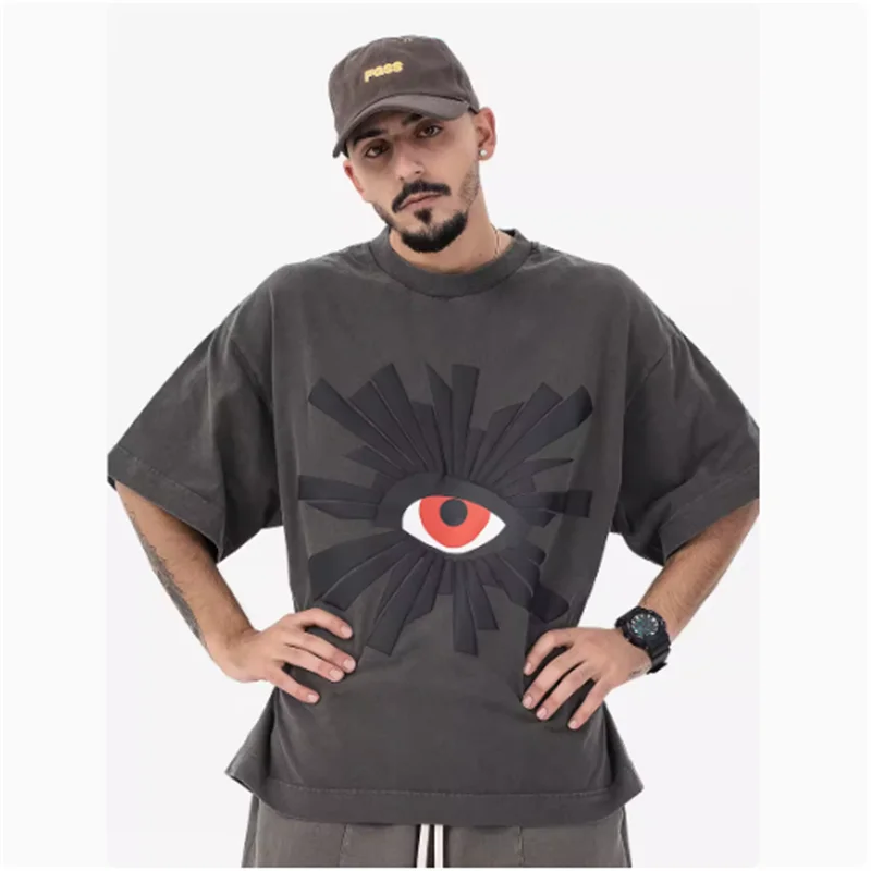 American all-seeing eye foam print short sleeve plus size loose gray half sleeve men's wear