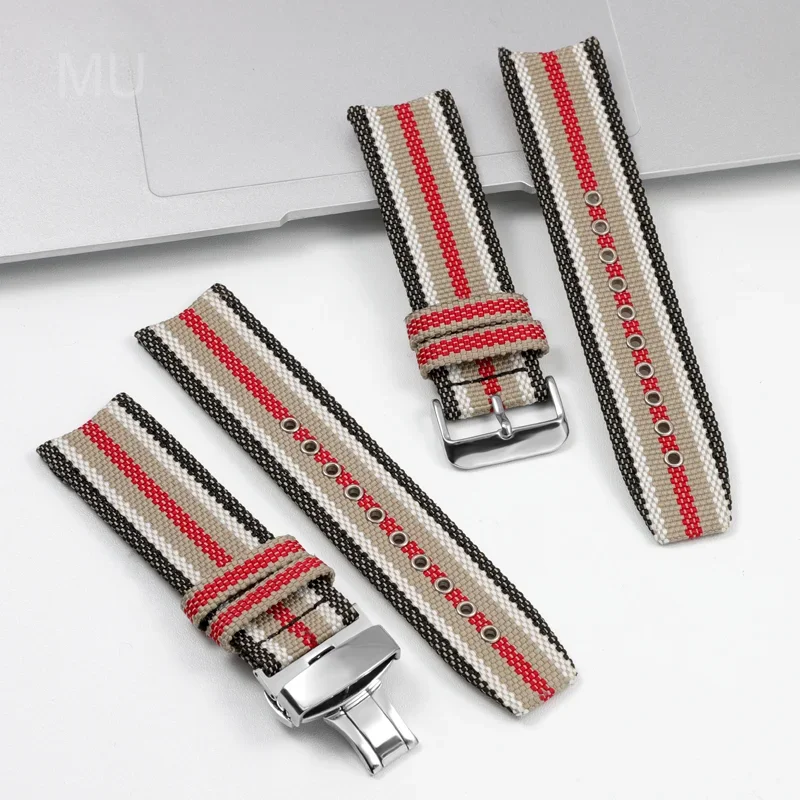 Woven Nylon Arc Interface High Density Knitting Watchbands for Burberry Bu7600 7680 Striped Genuine Leather Men 22mm Accessories