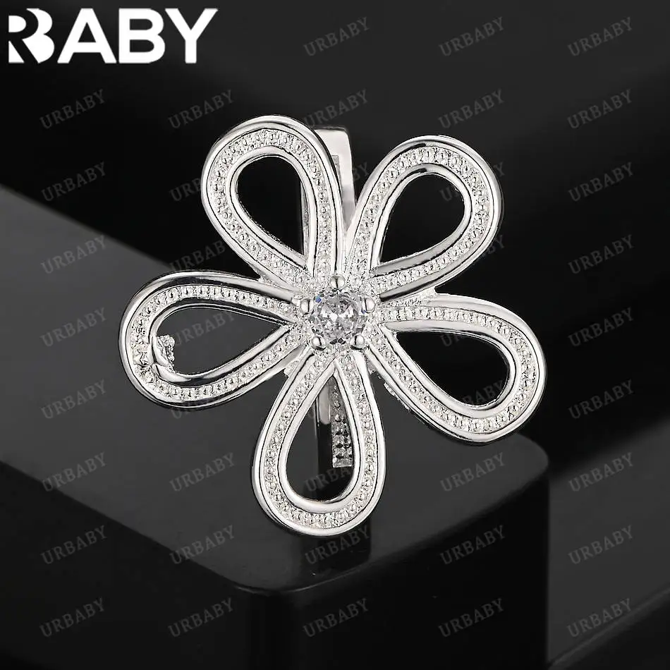 

URBABY 925 Sterling Silver Zircon Big Flower Fine Ring For Women Fashion Jewelry Charm Grace Wedding Engagement Accessories