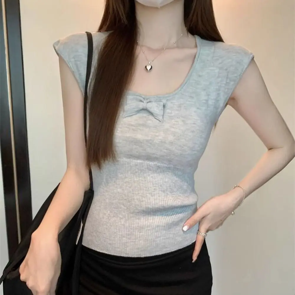 

Round Neck Korean Y2K Crop Tops Solid Color Women Clothing Bowknot Knit T-shirt Short Sleeves Sweet Slim Short T-shirt
