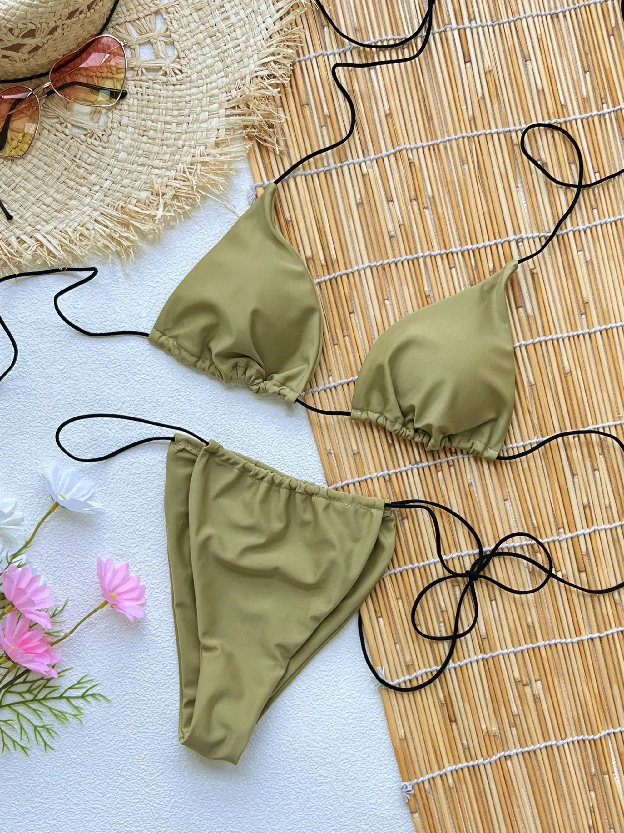 

Стиль 2025, бикини на шнуровке, женский купальник с низкой талией, модный сексуальный зеленый женский купальник-бикини, женская пляжная одежда для отдыха, Getways