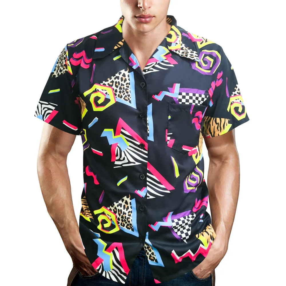 Camisas con botones de los años 80 para hombre, camisas de playa hawaianas Vintage, camisas de discoteca, camisa de fiesta temática de los años 90