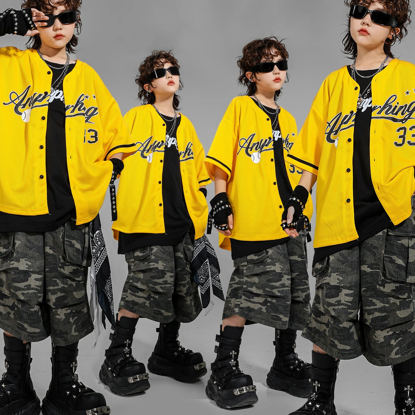 

Желтая футболка в стиле хип-хоп для мальчиков, джинсовые камуфляжные шорты, наряды для уличных танцев, костюм K-pop для джаза для девочек, комплект детской одежды, детская уличная одежда