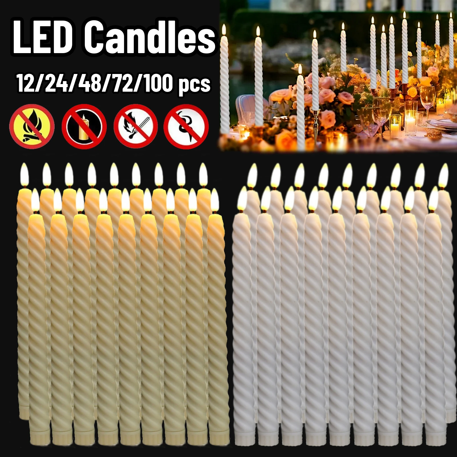 12-100PCS Flameless LED Taper Candles Flickering Wedding Candlesticks 3D Tealight Candles for Home Birthday Party Table Decor