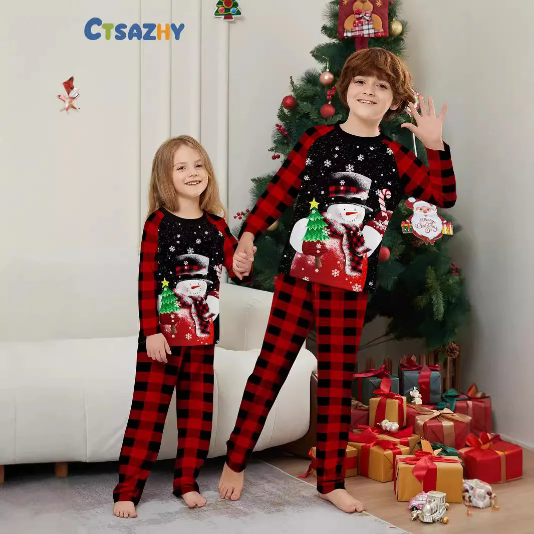 

Children's home wear set, Christmas snowman printed pajamas and pajama pants checkered Christmas parent-child outfit