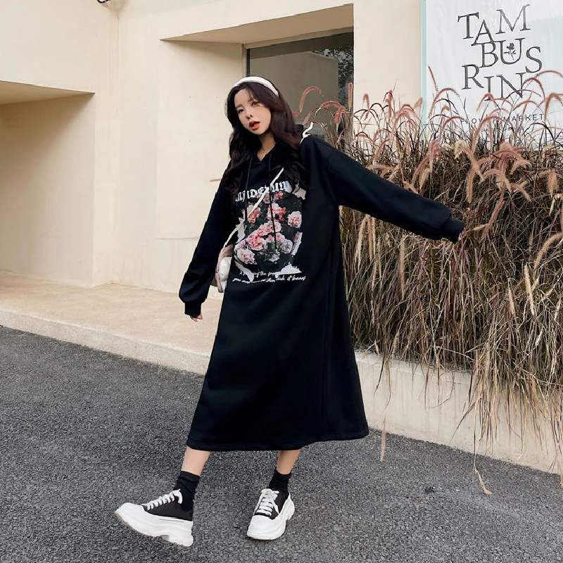 Women Hooded Long Sleeve Dress Floral Printed Aesthetic Loose Mid Calf Dress Elegant Autumn Winter Korean Fashion Warm Vestidos