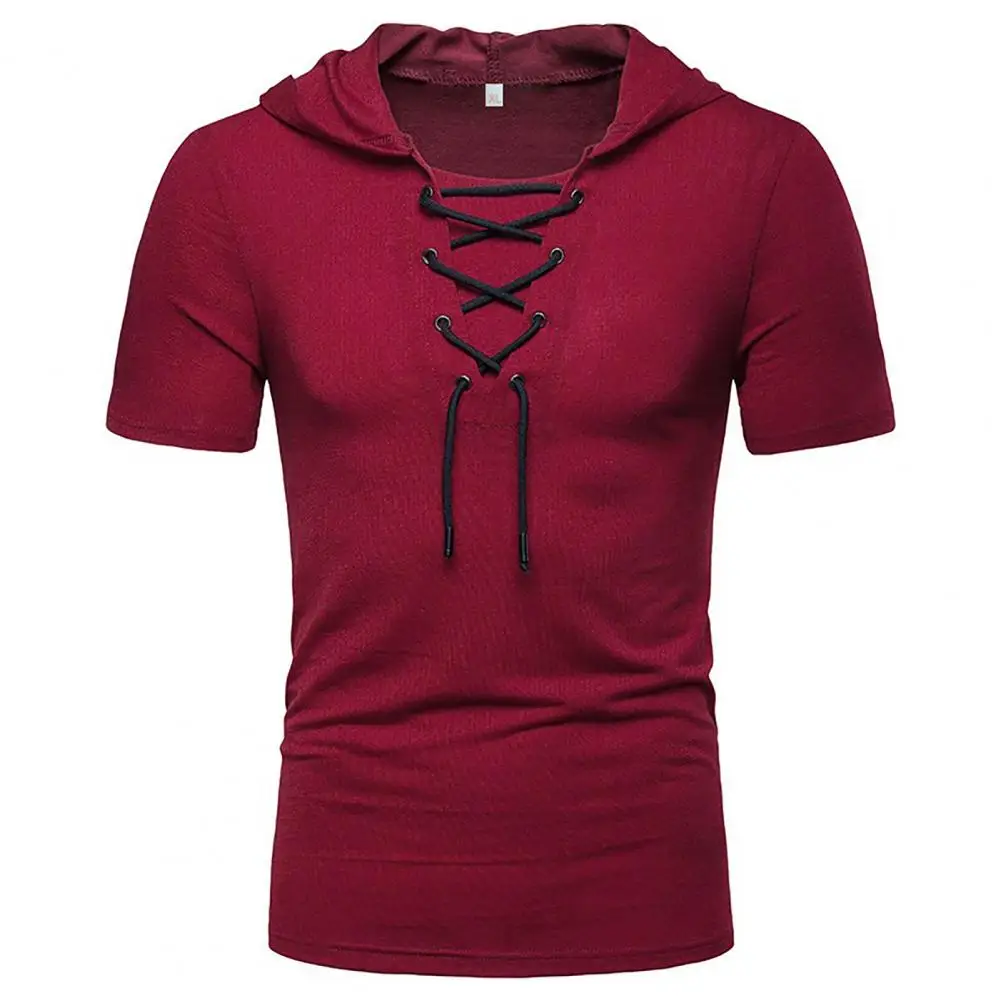 Hooded Men T-shirt Strap Lace Up Casual Loose Short Sleeve T-shirt Summer Solid Color Bandage Pullover Men Sports Tee Streetwear