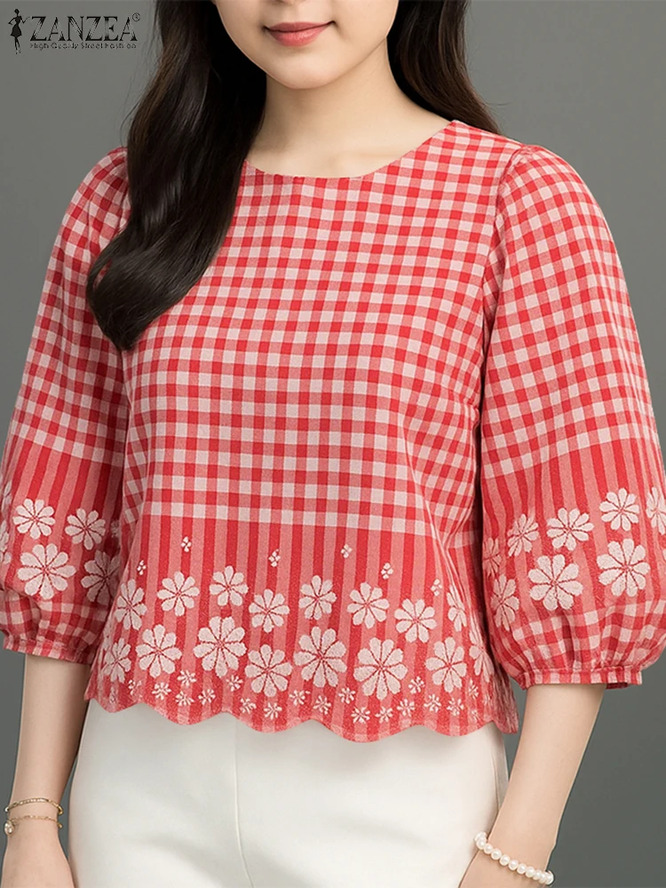 2025 Autumn Floral Pinted Blouse ZANZEA Women Blouses Elegant Fashion Long Sleeve Tops Checked Blusas Female OL Work Shirt Mujer