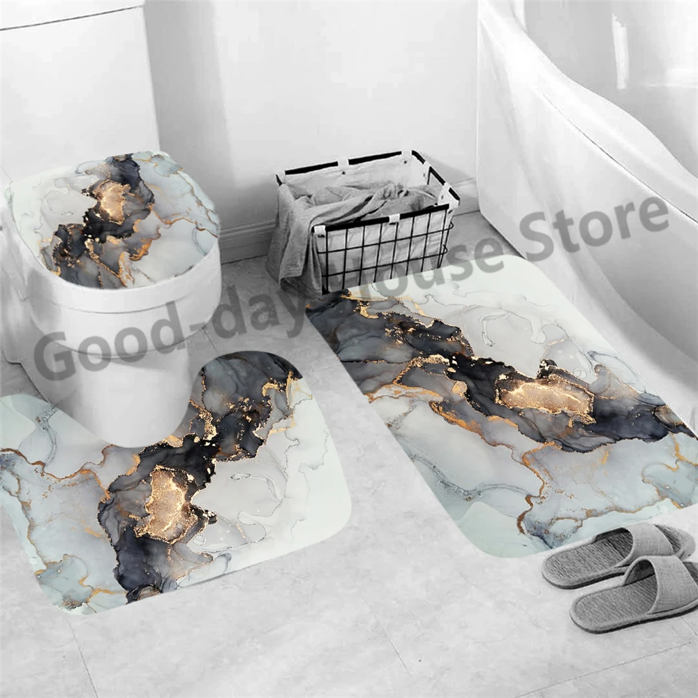 3pcs Luxury Black Gold Shower Bathroom Mat Carpet Non Slip Mug Modern Marble Toilet Seat Lip Cover Bath Home Decor Accessories