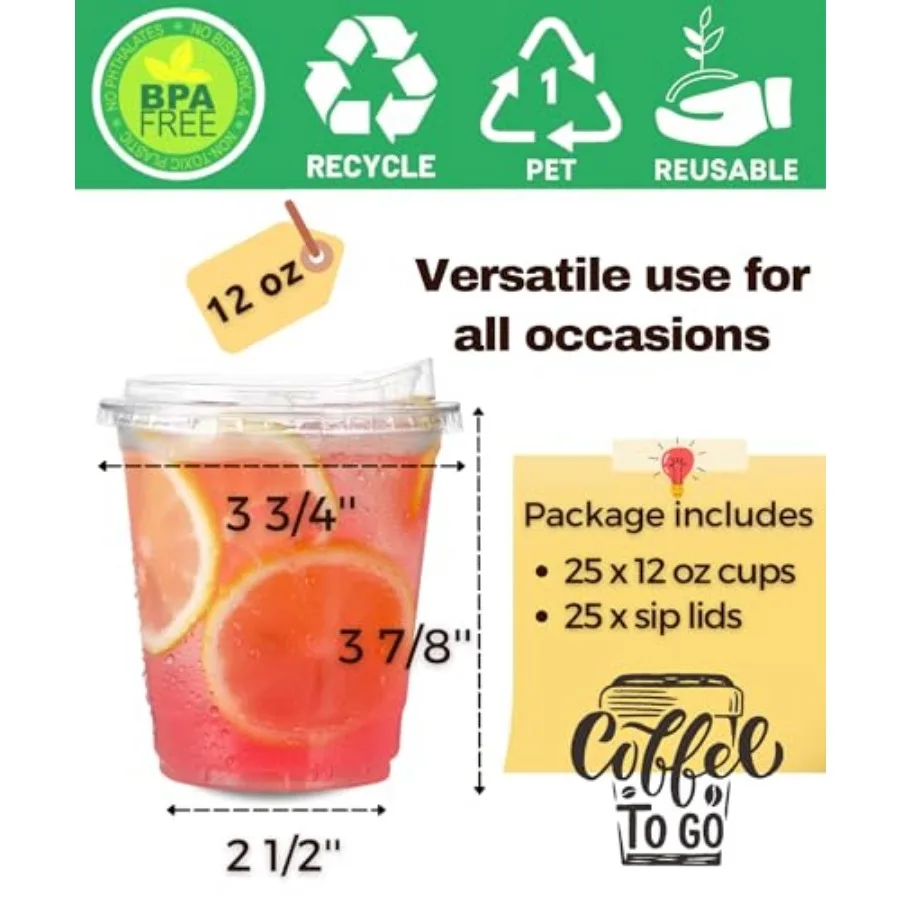 Clear Plastic Cups with Strawless-Sip-Lids, Sets Disposable Cups Plastic Iced Coffee Cups, To Go Cups with Sip Through Lids for