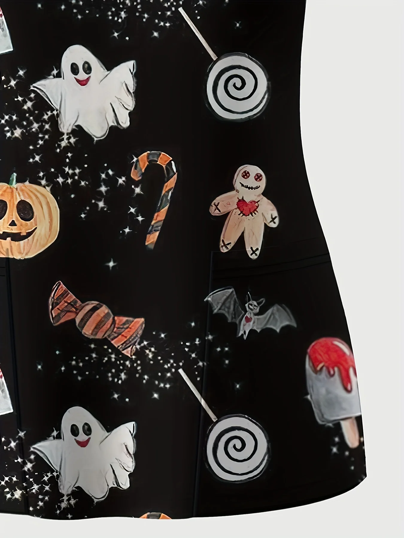 Damen-Scrub-Oberteil mit gruseligem Halloween-Design, Süßigkeiten-Geister-Kürbis-Print, V-Ausschnitt, kurze Ärmel, Taschen, Krankenschwesteruniform für medizinisches Personal – Detail 4