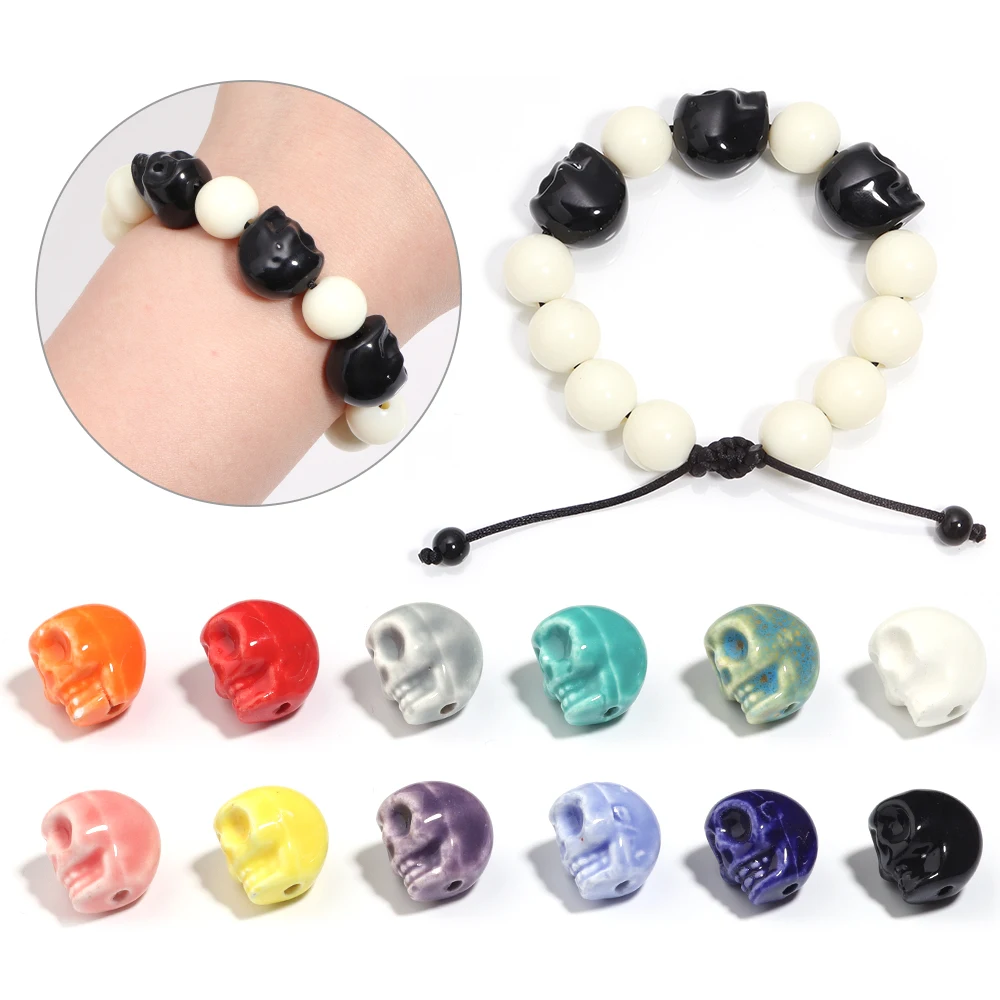 5pcs Colorful Skull Beads Ceramic Beads Halloween Decoration Loose Beads for DIY Bracelet Necklace Making Jewelry Accessories