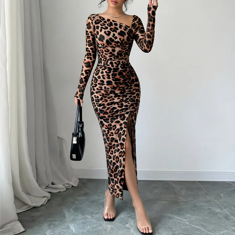 

Sexy Leopard Print Bodycon Split Dress Summer Dresses for Women Fashion