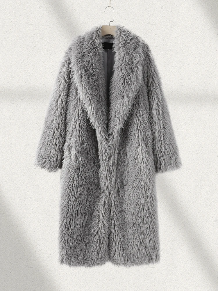 معطف شتوي طويل من الفرو الصناعي للنساء عتيق بأكمام كاملة وجيب وطية صدر السترة ملابس خارجية سميكة ودافئة للسيدات موضة 2026 ملابس خروج حضرية للسيدات