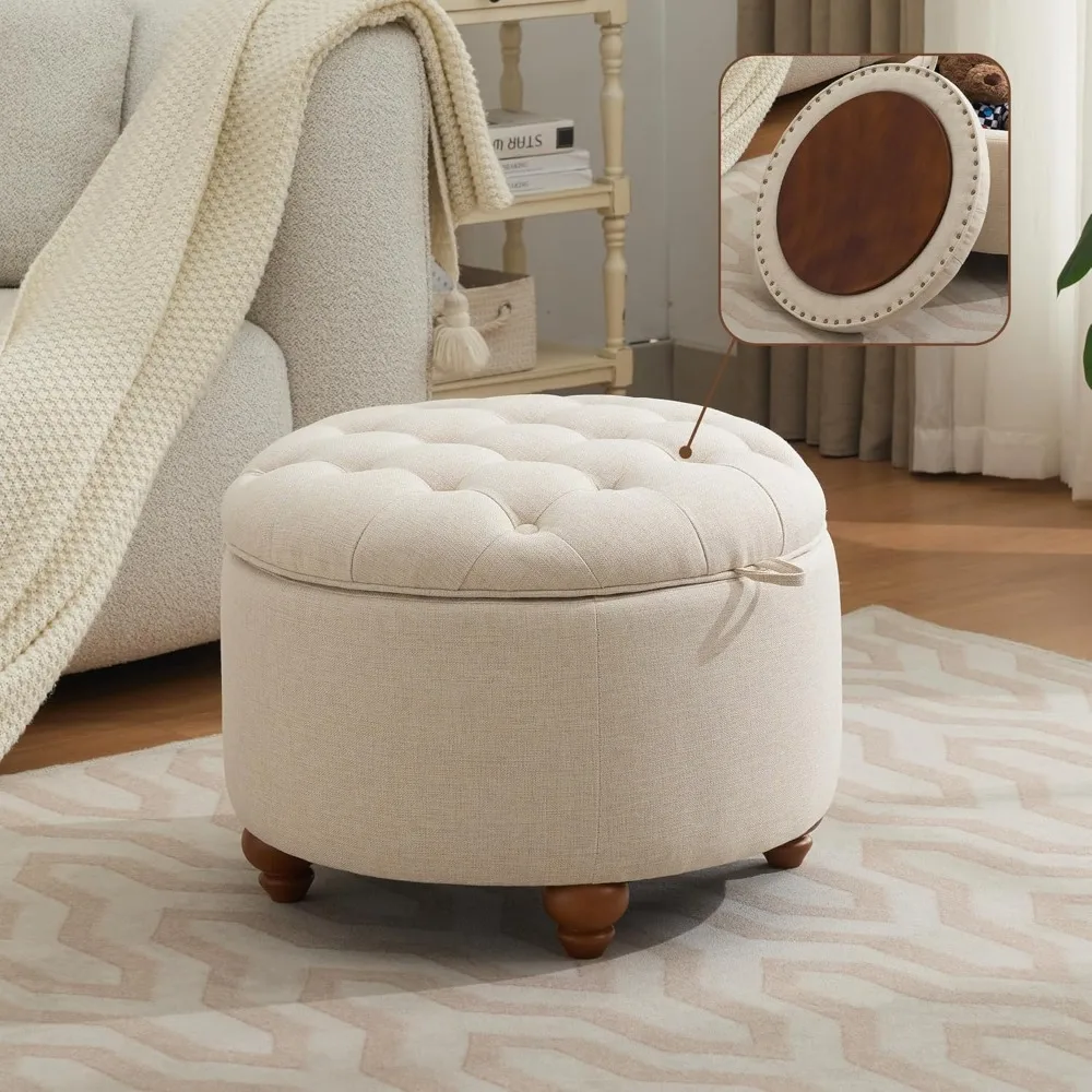 

24Inch Round Storage Ottoman with Tray, Modern Tufted Fabric Circle Coffee Table with Storage, Upholstered Ottoman