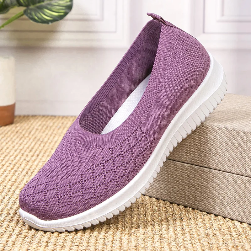 Women Mesh Breathable Flying Weave Loafers Soft Sole Non Slip Casual Flat Shoes for Woman Comfort Walking Elderly Mother Shoes
