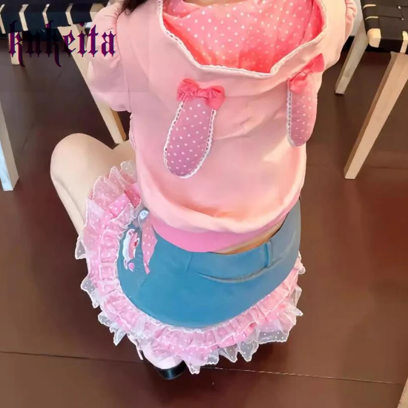 Japanese Lolita Style Cartoon T-shirt Harajuku Y2k Girls Cute Lace Bow Bunny Ear Hooded Tops Women Kawaii Short Sleeve Tee Shirt