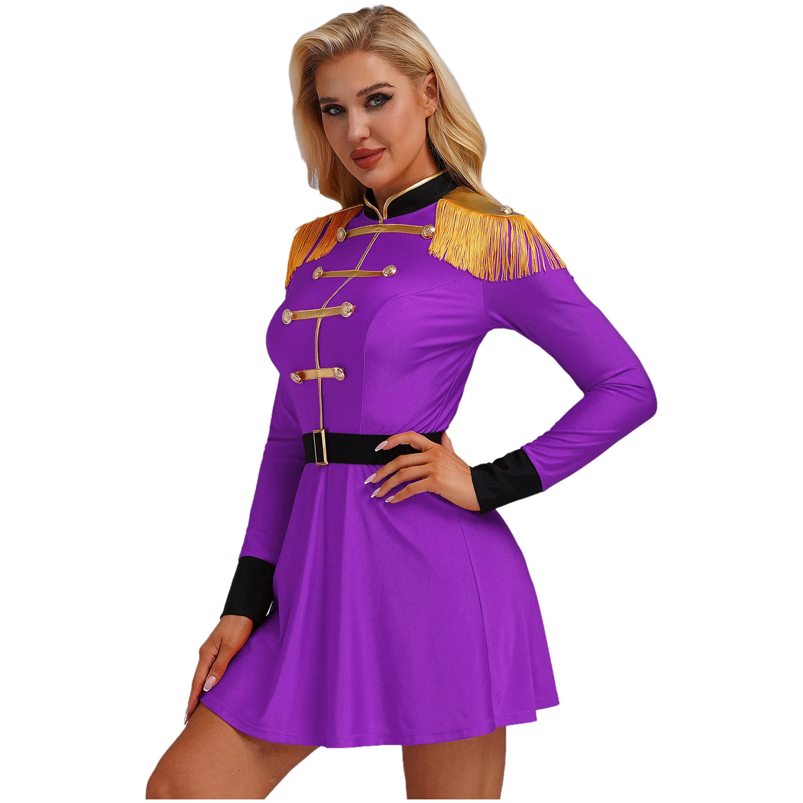 Womens Circus Ringmaster Showman Outfits Slim Fit Dress with Belt Tassel Shoulder Long Sleeve Circus Lion Tamer Cosplay Costume