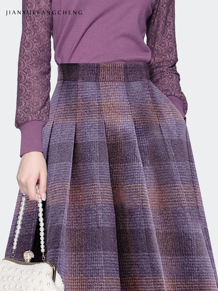 Women Autumn Wool-like Knitted Purple Plaid Skirt High Waist A-Line Pleated Mid-length Skirts With Pockets Fashion Casual Bottom