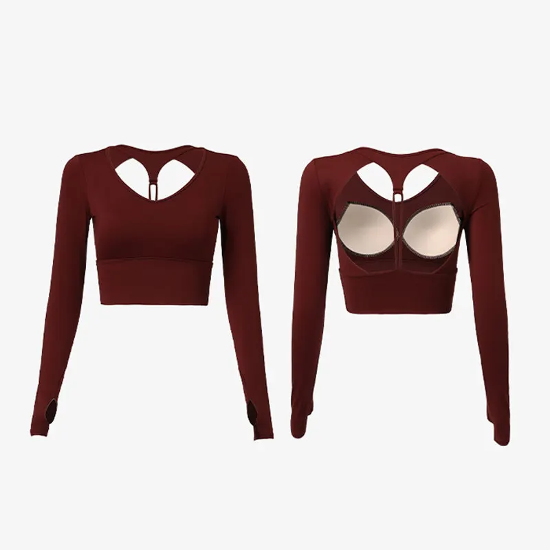 Damski strój do jogi z odkrytymi plecami, długi rękaw, sportowy top