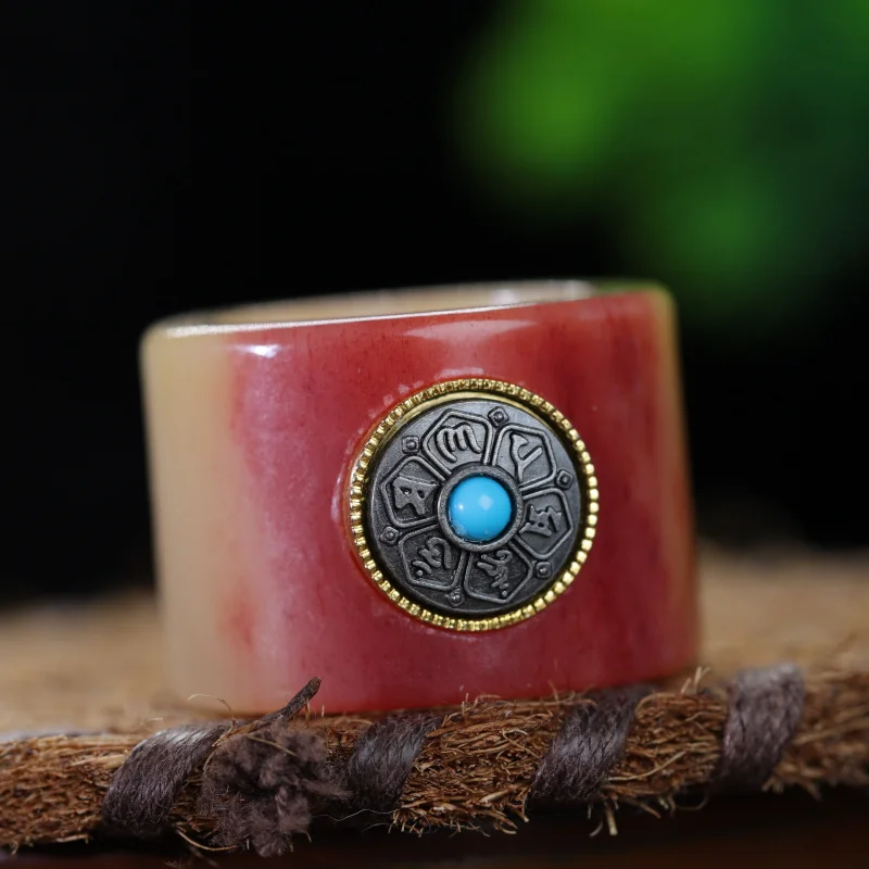 Blood Material Fortune Comes and Goes Finger Ring Copper Inlaid with Six-Word Mantra Tooth Bone Horn