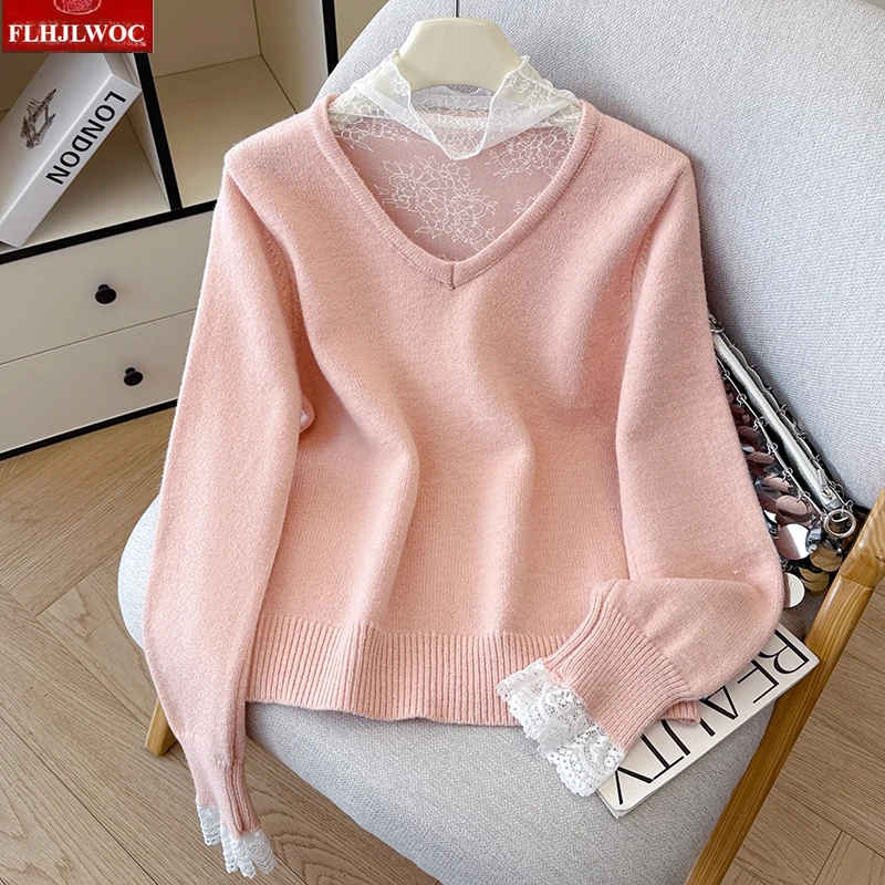 الياقة المدورة بلوزات من الدانتيل لاعبا السنة الجديدة أزياء المرأة الشتاء الربيع المرقعة الجوف خارج الكروشيه الدانتيل محبوك سترة البلوفرات