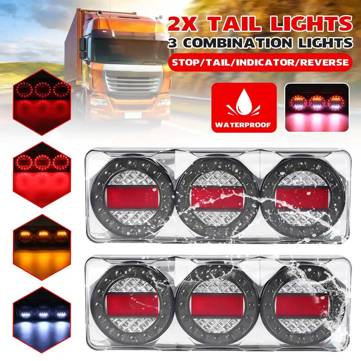 2pcs LED Trailer Taillights Waterproof 12V Truck Car Turn Signal Rear Tail Lights Lorry Bus 3 Modes Stop Reverse Indicator Lamp