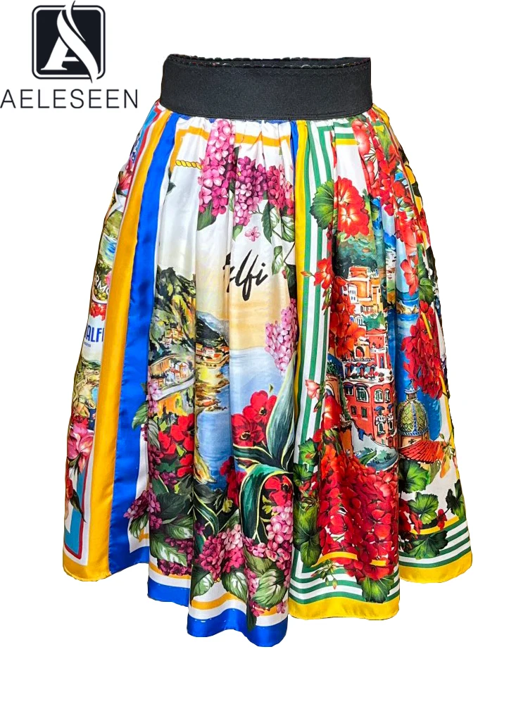 AELESEEN High Quality 100% Silk Skirt Sicilian Summer Runway Fashion Colorful Flower Print Letters Waist Elastic Mini Casual