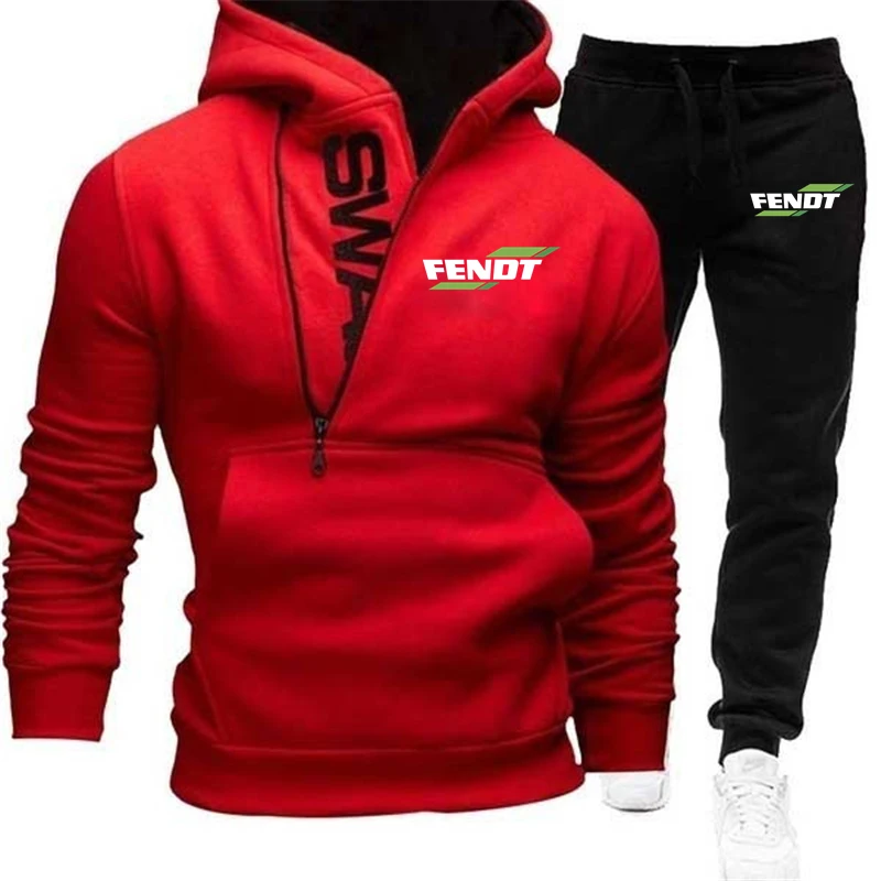 Primavera outono novo conjunto de impressão fendt feito sob encomenda zíper dos homens pulôver hoodie + calças lazer algodão homem quente 2 peça conjunto