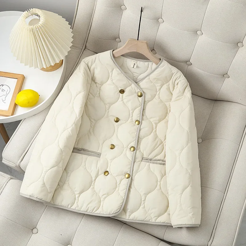 2023 Autumn Winter Women Clothes Plus Size Thin Parkas Casual Chic Quilted Jacket Curve Warm Double Breasted Cotton-Padded Coat