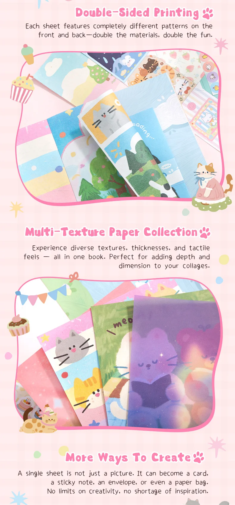 Journal GO 29 Seiten Vesper Materialbuch, dekoratives Papierblock mit mehreren Mustern, Blumenstreifen und niedlichen Kätzchen, schönes Papier für Tagebücher. – Detail 5