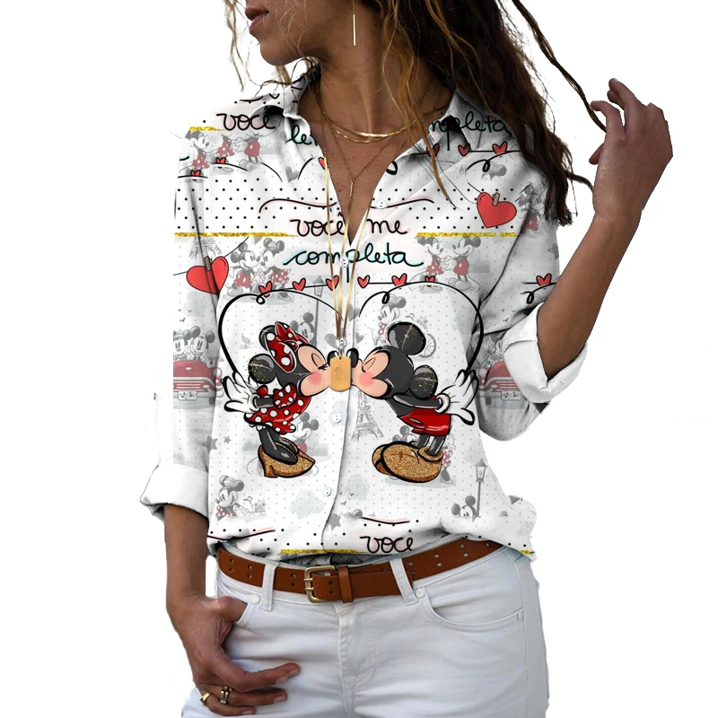 Disney-Camisa feminina de botão Harajuku, manga comprida, lapela, Mickey, Minnie, casual, fofo, Y2K, impresso em 3D, Novo, 2022