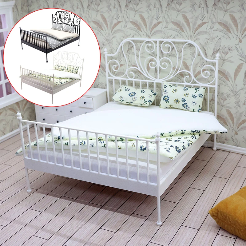

1/12 Dollhouse Mini European Bed Set with Mattress, Pillow & Quilt - Iron Art Double Bedroom Furniture Decor Toy