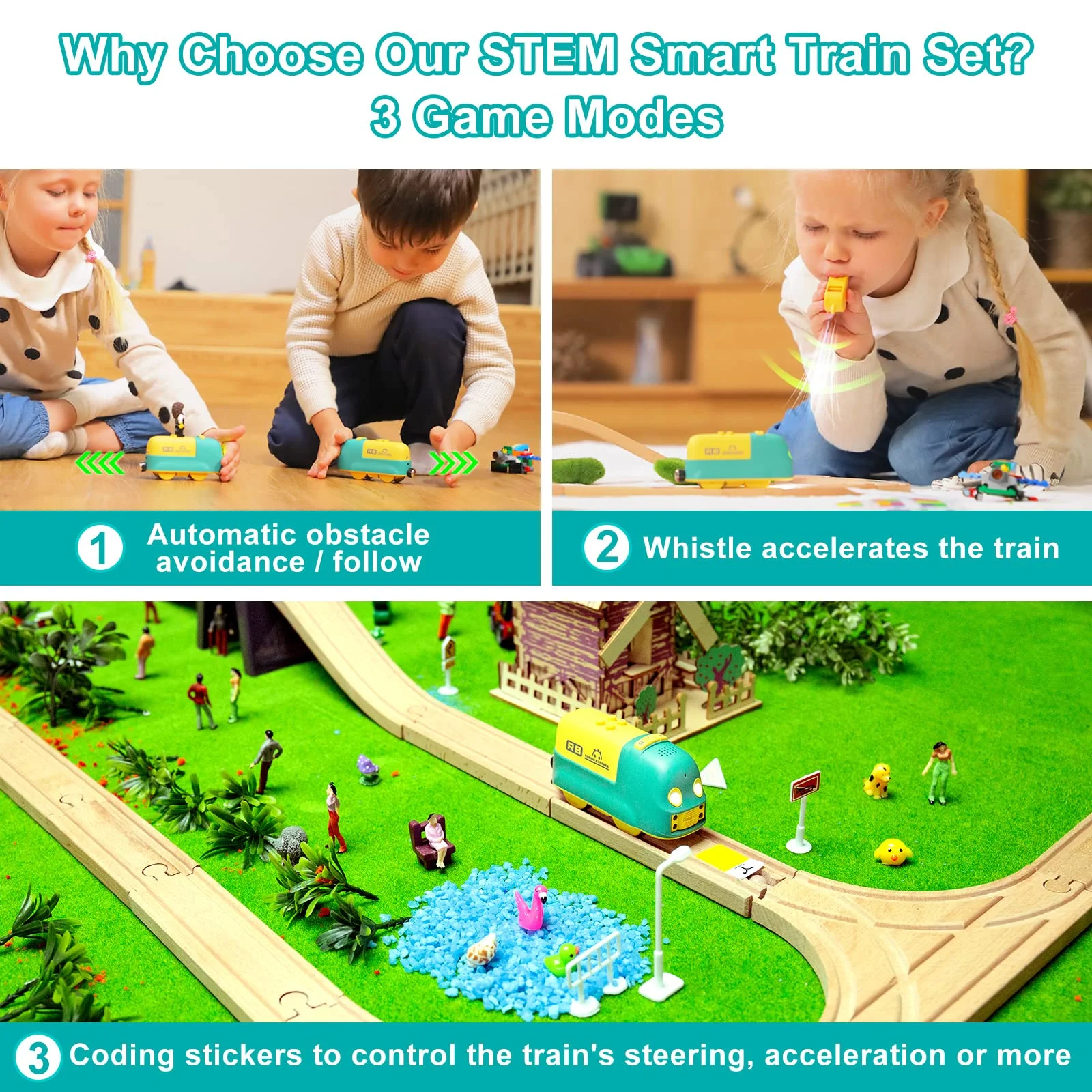 Robobloq Wooden Train Sets, Smart Train Toy for Preschool Kids, 19 Color Stickers Sensing, 3 Game Modes, High Compatiblility