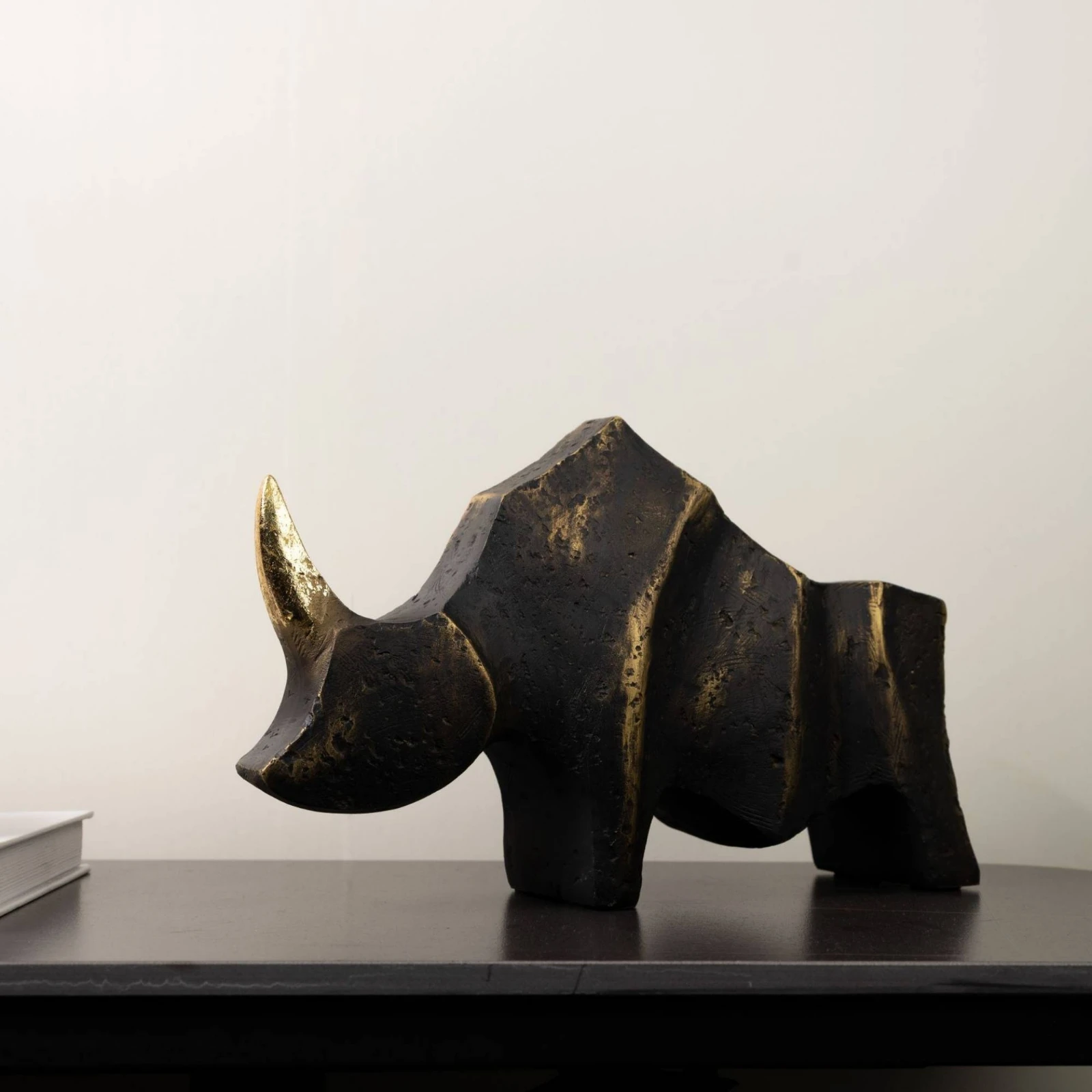Rhino Sculpture Antique Rhino Statue Sculpture with Gold Tusk Rustic Rhinoceros Statue Small for Art Collectors, Tabletop