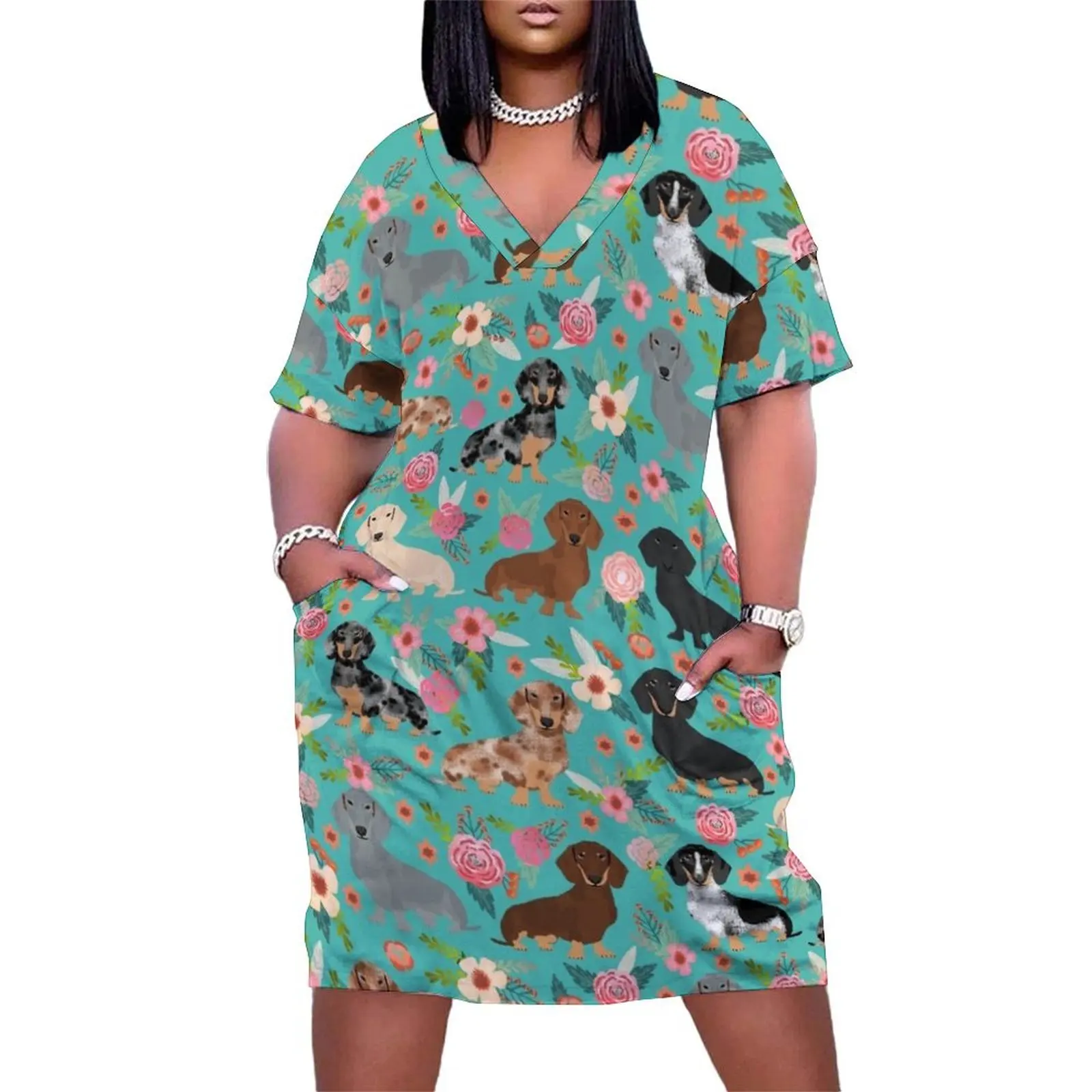 

Dachshund florals flower pet portrait dog art dachsie doxie pet art dog breeds by PetFriendly Loose Pocket Dress