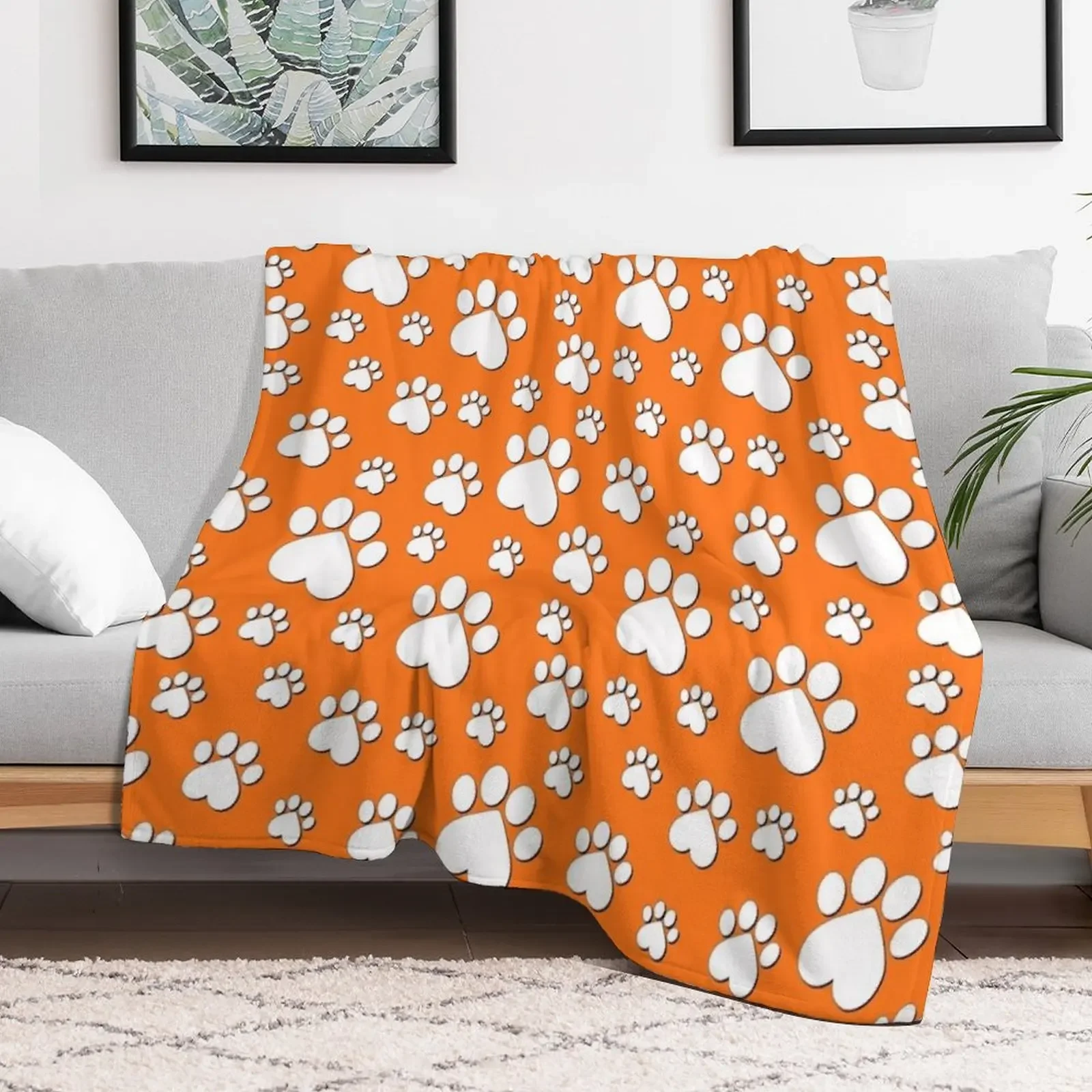 Halloween White on Orange Paw Pattern - Heart Paws with Outline Throw Blanket Sleeping Bag Decorative Beds Blankets