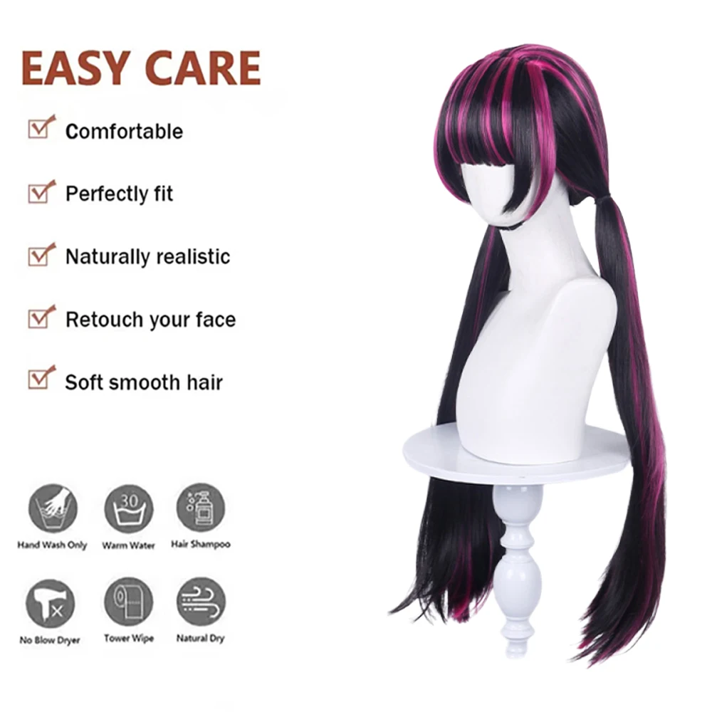Anime Draculaura Cosplay Wig 36 Inch Long Black Rose Pink Pigtail Wig with Bangs Heat Resistant Synthetic Hair For Daily Party