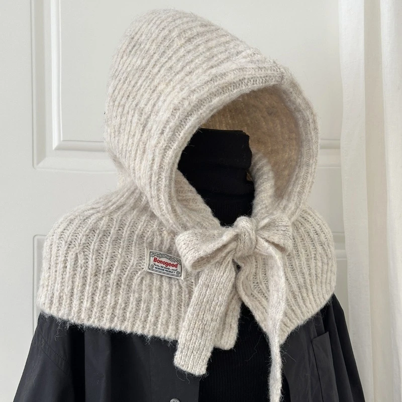 

Ретро повседневные универсальные однотонные осенне-зимние вязаные шапки-шарфы, теплые шапочки с защитой ушей для женщин