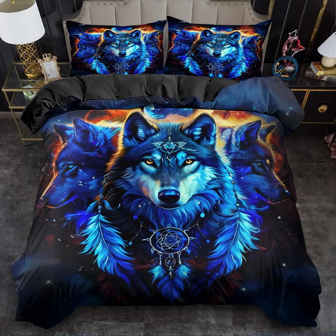 

Комплект постельного белья с голубым готическим принтом волка, размеры King/Queen, пододеяльник, машинная стирка, декоративное покрывало