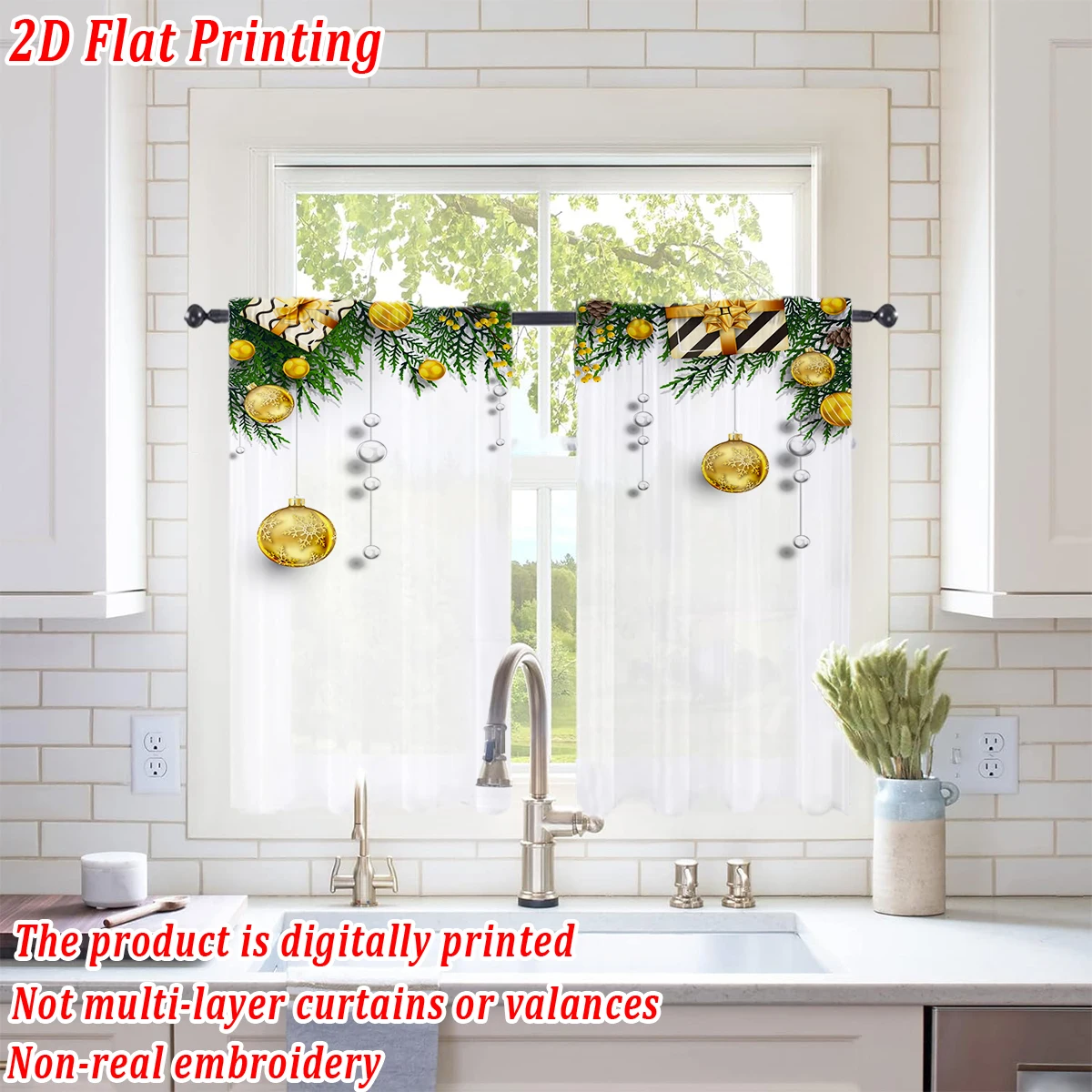 Christmas Flat Printing Kitchen Sheer Curtain with Merry Christmas Ball Gift Box Pine Branch For Christmas Home Decor  Party