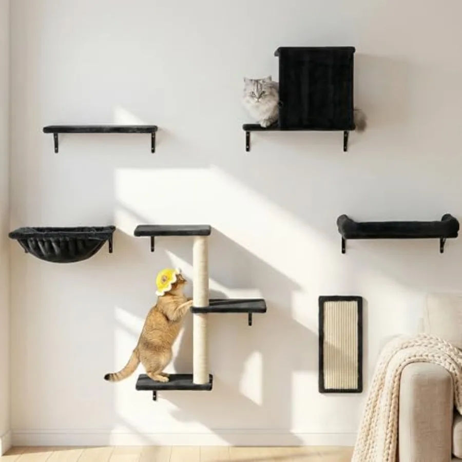 

Heavy Duty Cat Wall Shelves for Large Cats 6-in-1 Cat Furniture Set with 17" × 11.9" Large Perch Bed and Hammock Cat Climbing W