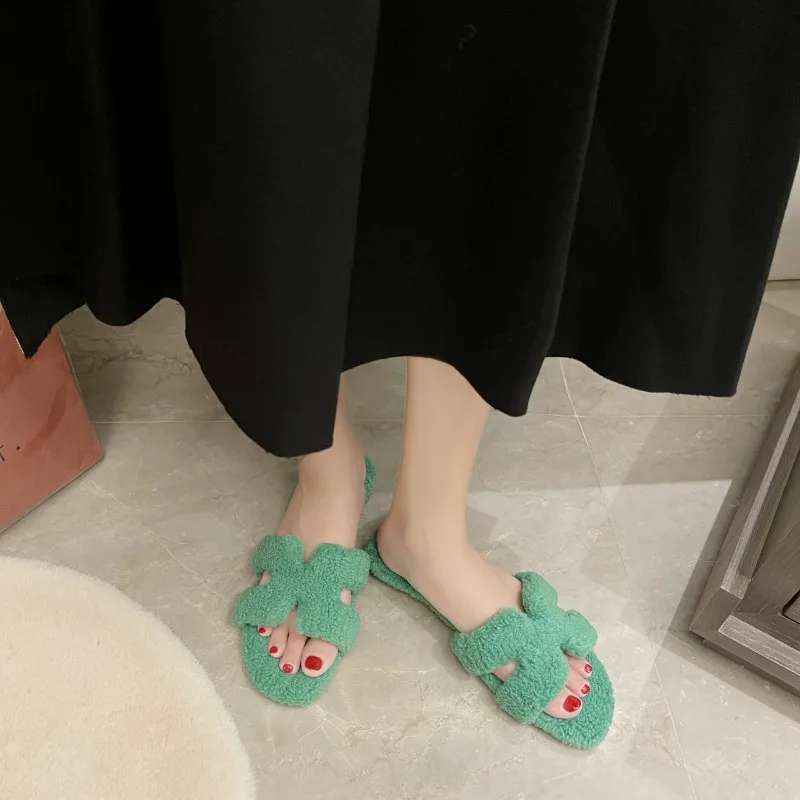 Women\'s non-slip warm suede slippers 2024 winter new hot sale fashion casual thick fur plus velvet low heel cotton slippers