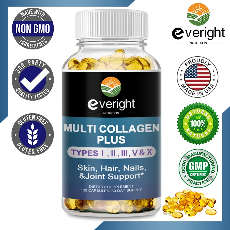 Multi Collagen Peptides Capsules Antioxidant for Women & Men Hair, Skin, Nail, Bones, Joint Health Support - Types I II III V X